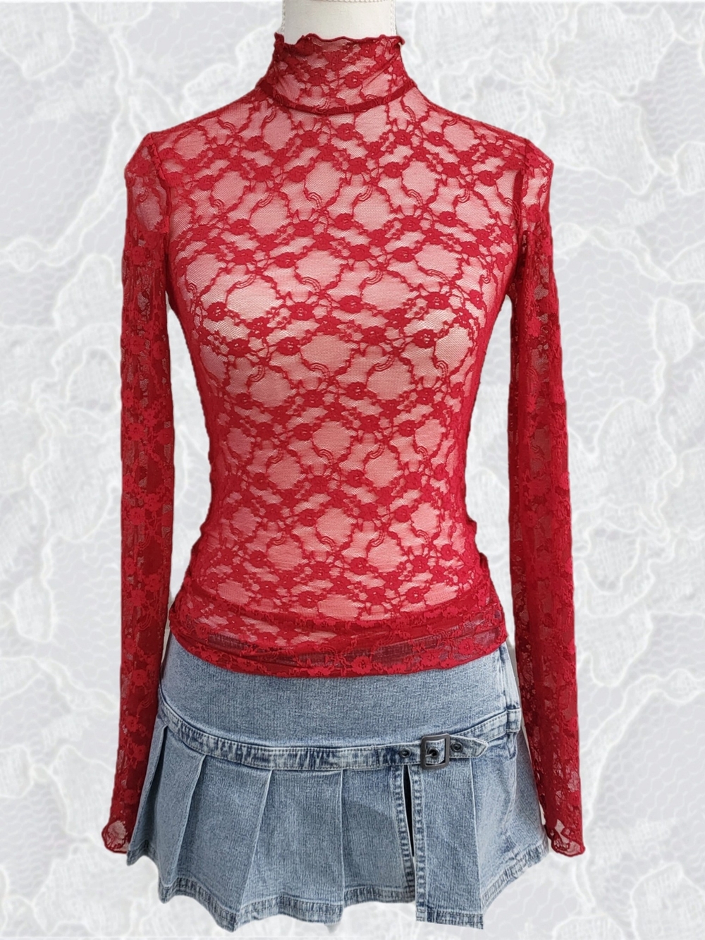 Urban Outfitters Red Sheer Lace Long-Sleeve Mock Neck Top